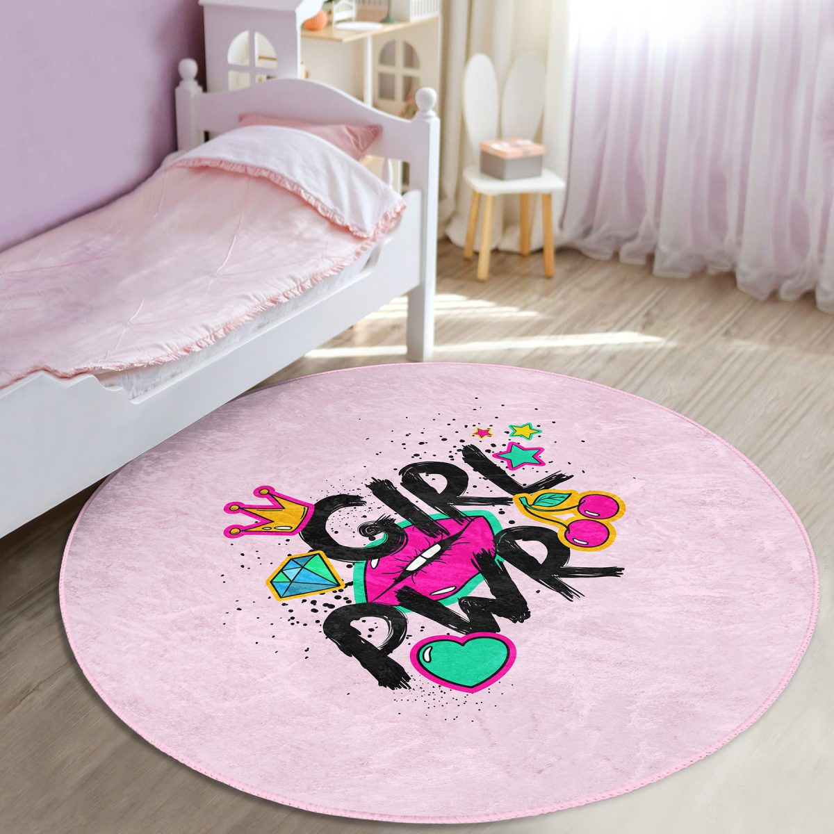 Dudak Girl Power Çocuk & Genç Odası Makinede Yıkanabilir Kaymaz Tabanlı Yuvarlak Çocuk Halısı Realhomes
