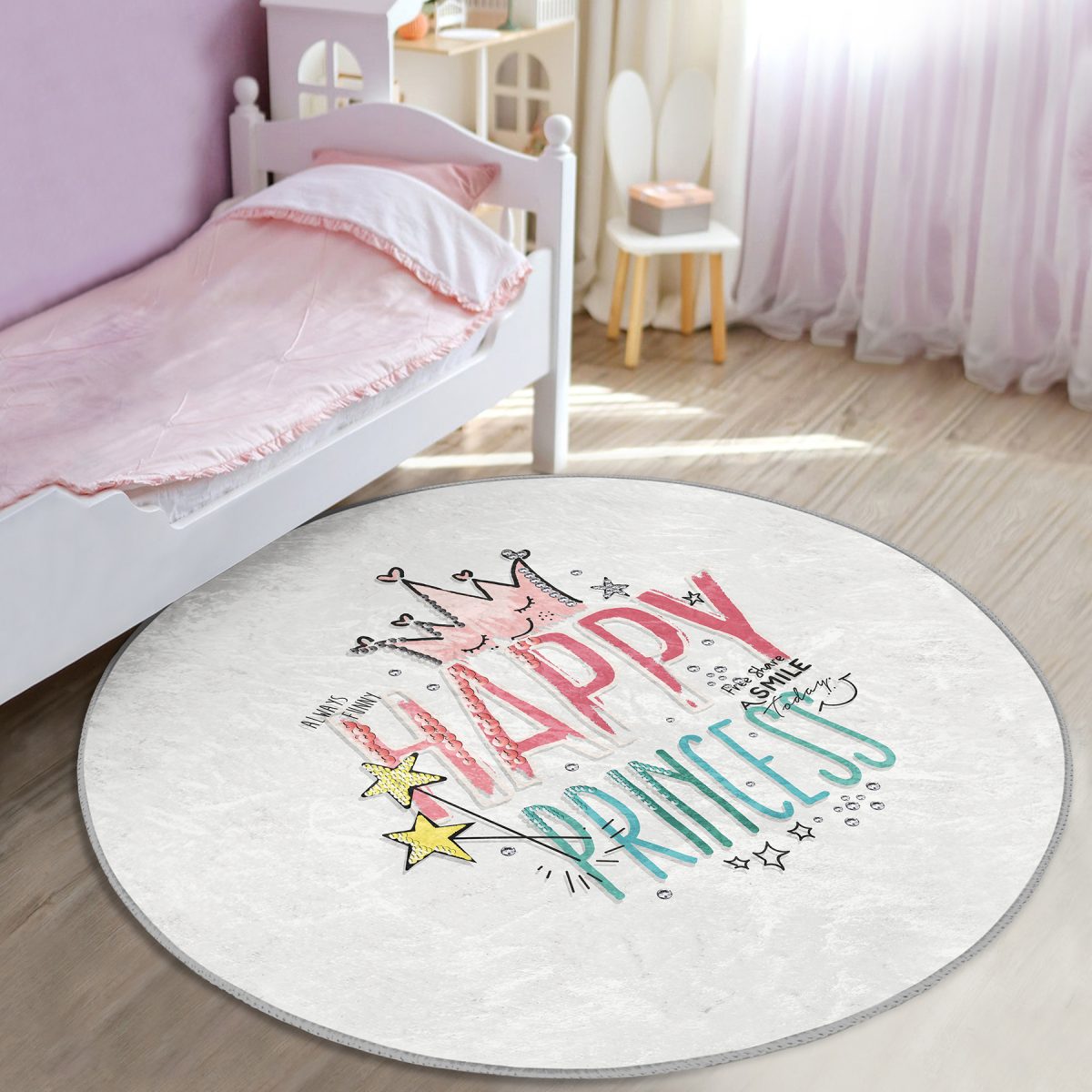 Happy Princess Yazı Desenli Çocuk & Genç Odası Makinede Yıkanabilir Kaymaz Tabanlı Yuvarlak Çocuk Halısı Realhomes