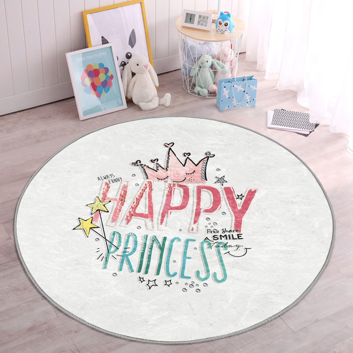 Happy Princess Yazı Desenli Çocuk & Genç Odası Makinede Yıkanabilir Kaymaz Tabanlı Yuvarlak Çocuk Halısı Realhomes
