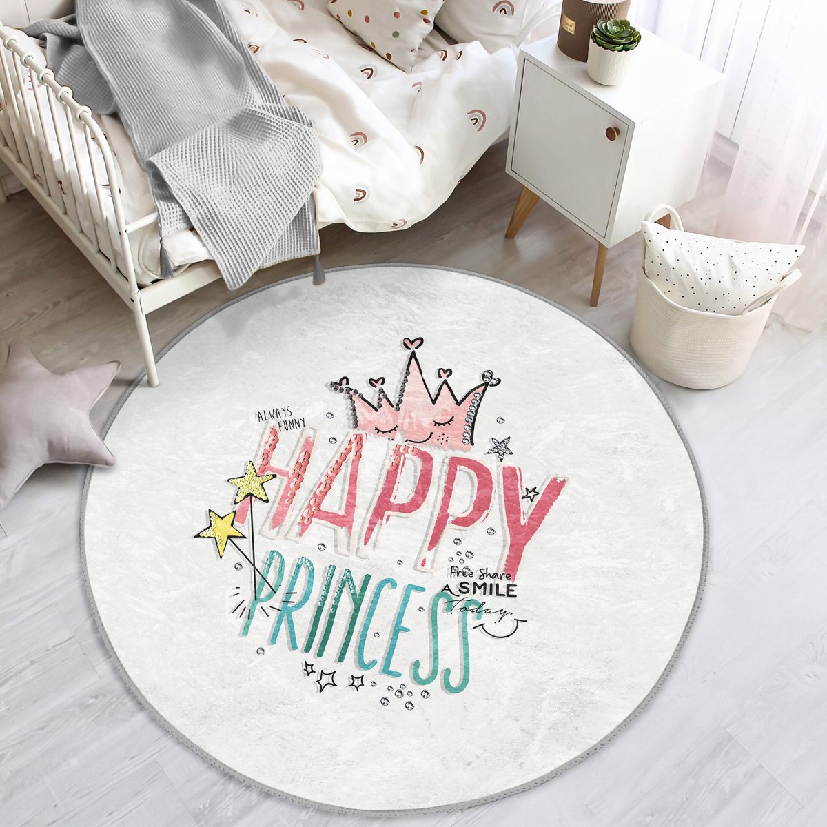 Happy Princess Yazı Desenli Çocuk & Genç Odası Makinede Yıkanabilir Kaymaz Tabanlı Yuvarlak Çocuk Halısı Realhomes