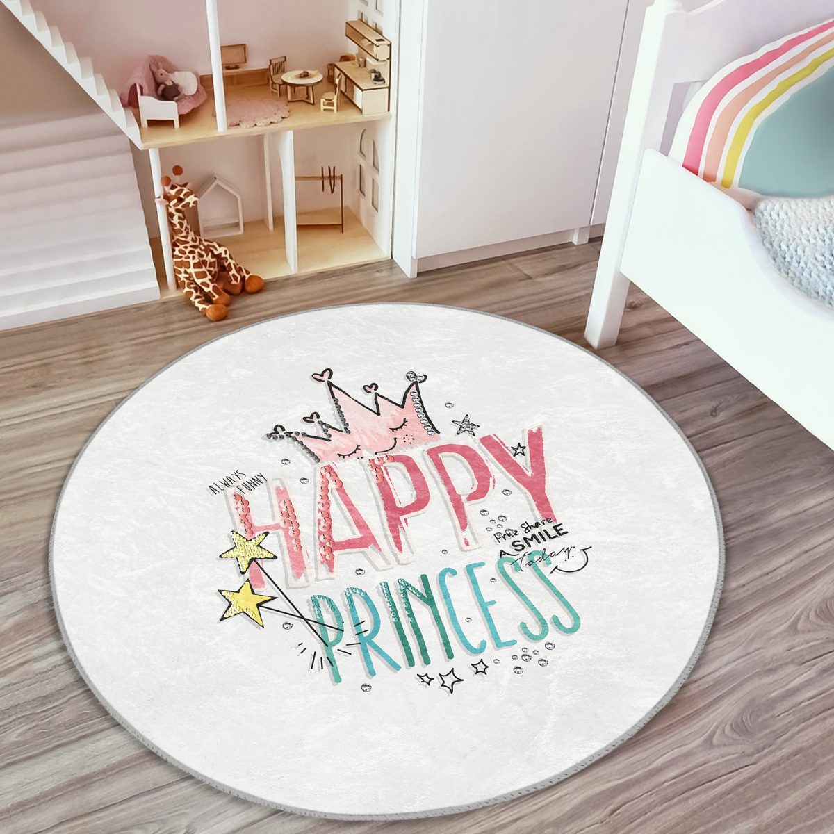 Happy Princess Yazı Desenli Çocuk & Genç Odası Makinede Yıkanabilir Kaymaz Tabanlı Yuvarlak Çocuk Halısı Realhomes