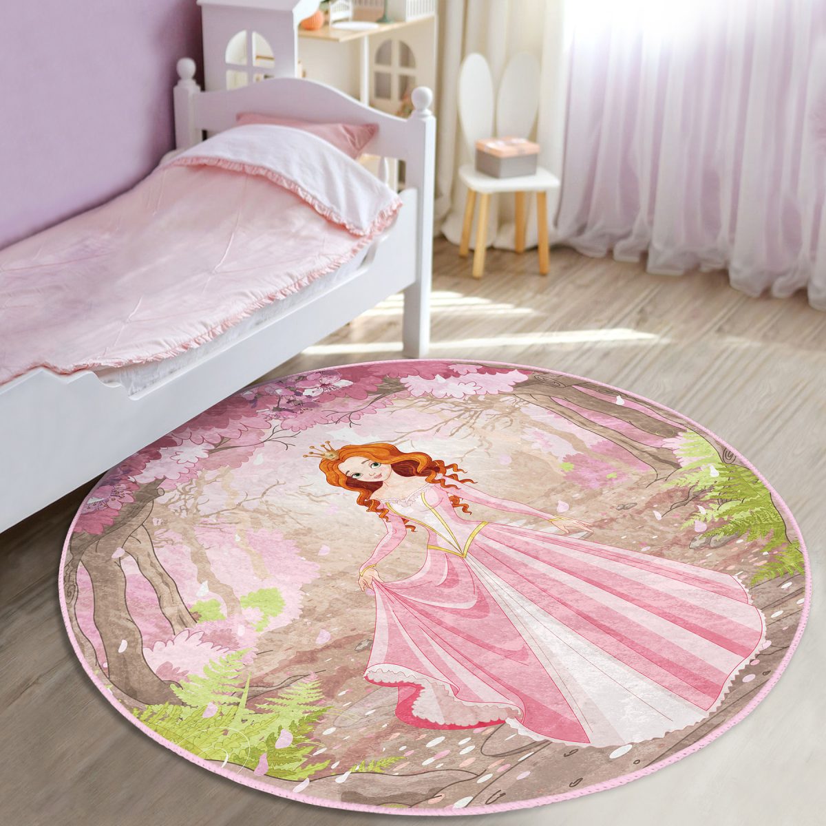 Prenses Girl Desenli Çocuk & Genç Odası Makinede Yıkanabilir Kaymaz Tabanlı Yuvarlak Çocuk Halısı Realhomes