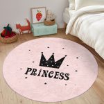 Pembe Zeminli Princess Yazılı Çocuk & Genç Odası Makinede Yıkanabilir Kaymaz Tabanlı Yuvarlak Çocuk Halısı Realhomes