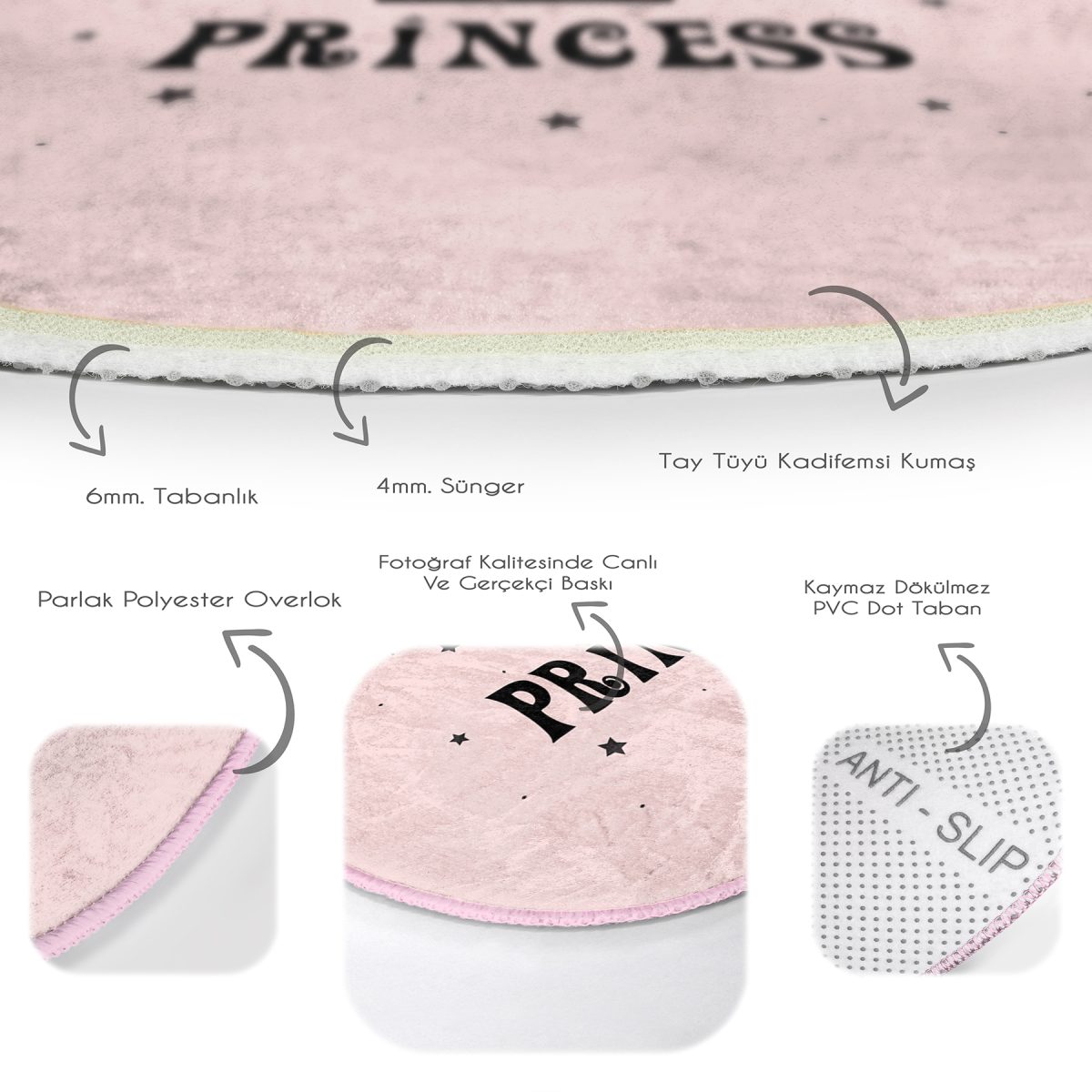 Pembe Zeminli Princess Yazılı Çocuk & Genç Odası Makinede Yıkanabilir Kaymaz Tabanlı Yuvarlak Çocuk Halısı Realhomes