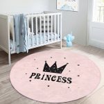 Pembe Zeminli Princess Yazılı Çocuk & Genç Odası Makinede Yıkanabilir Kaymaz Tabanlı Yuvarlak Çocuk Halısı Realhomes