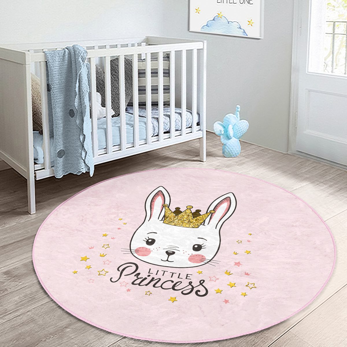 Pembe Zeminli Little Princess Desenli Çocuk & Genç Odası Makinede Yıkanabilir Kaymaz Tabanlı Yuvarlak Çocuk Halısı Realhomes