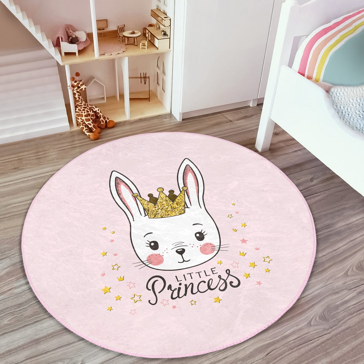 Pembe Zeminli Little Princess Desenli Çocuk & Genç Odası Makinede Yıkanabilir Kaymaz Tabanlı Yuvarlak Çocuk Halısı Realhomes
