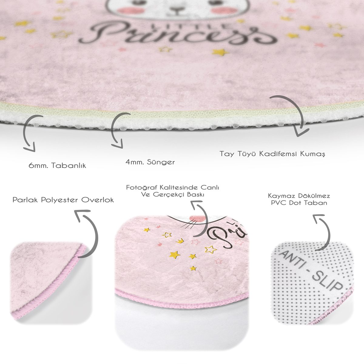 Pembe Zeminli Little Princess Desenli Çocuk & Genç Odası Makinede Yıkanabilir Kaymaz Tabanlı Yuvarlak Çocuk Halısı Realhomes
