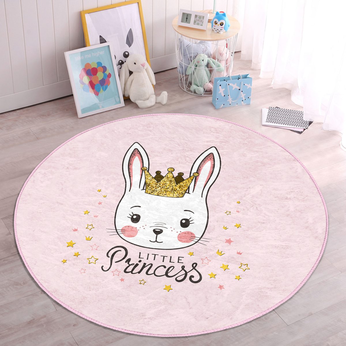 Pembe Zeminli Little Princess Desenli Çocuk & Genç Odası Makinede Yıkanabilir Kaymaz Tabanlı Yuvarlak Çocuk Halısı Realhomes