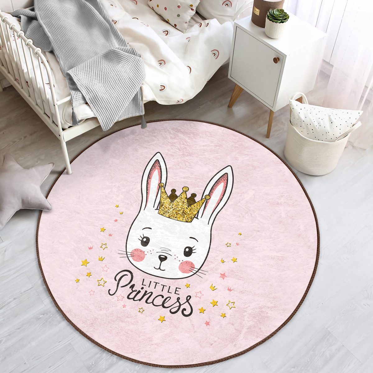 Pembe Zeminli Little Princess Desenli Çocuk & Genç Odası Makinede Yıkanabilir Kaymaz Tabanlı Yuvarlak Çocuk Halısı Realhomes