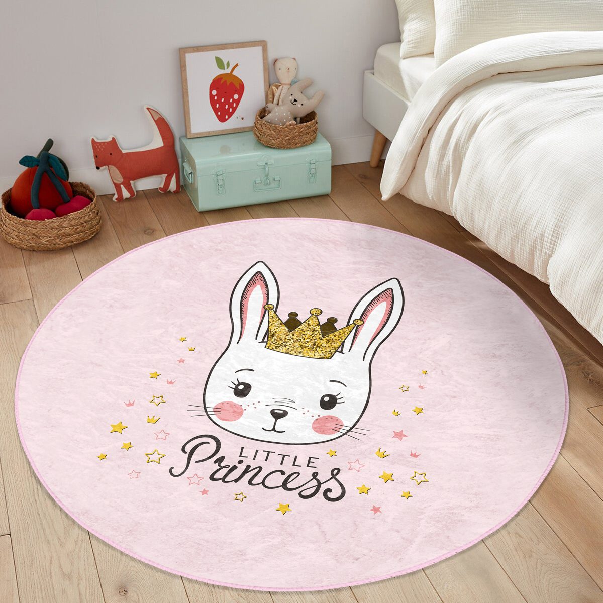 Pembe Zeminli Little Princess Desenli Çocuk & Genç Odası Makinede Yıkanabilir Kaymaz Tabanlı Yuvarlak Çocuk Halısı Realhomes