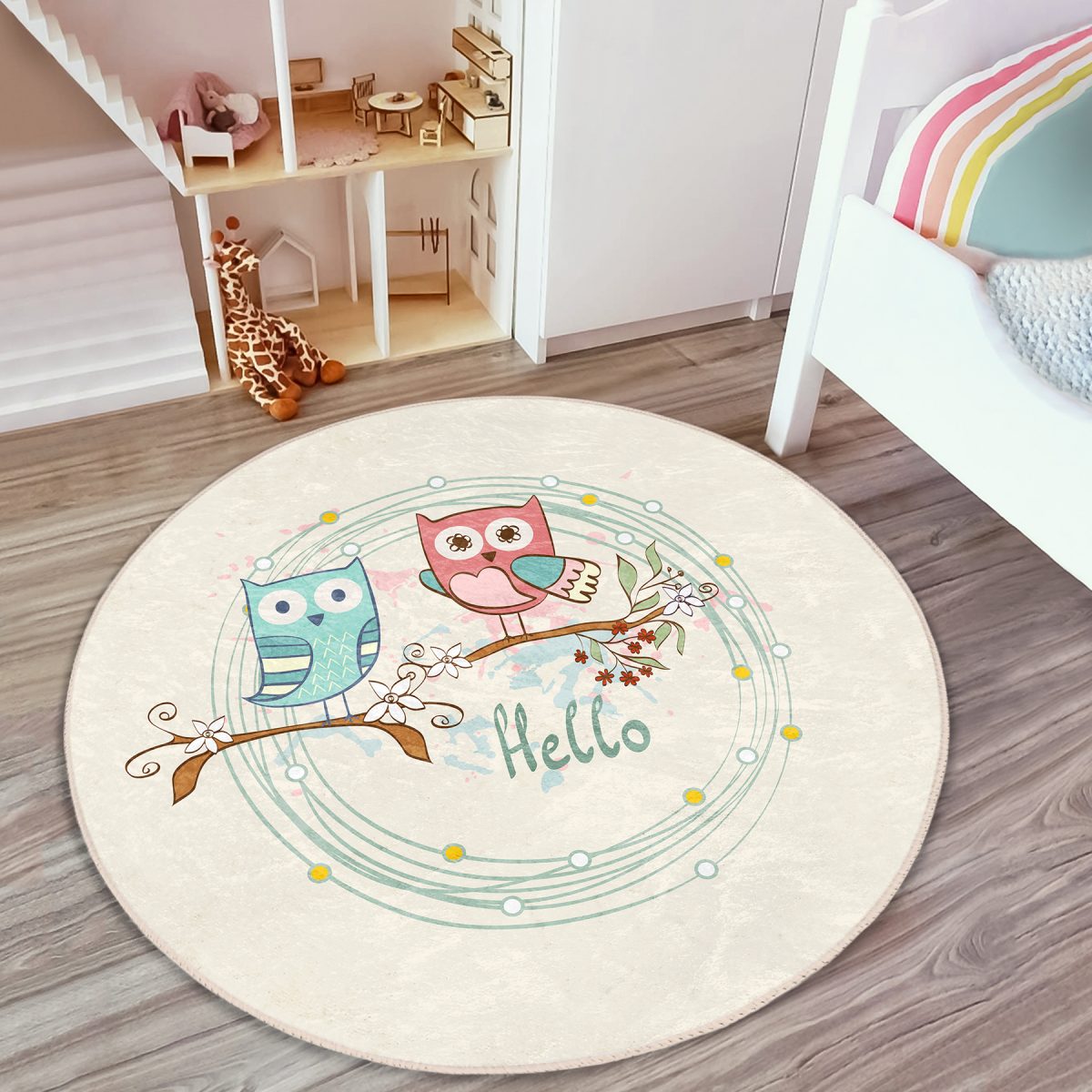 Baykuş Desenli Çocuk & Genç Odası Makinede Yıkanabilir Kaymaz Tabanlı Yuvarlak Çocuk Halısı Realhomes