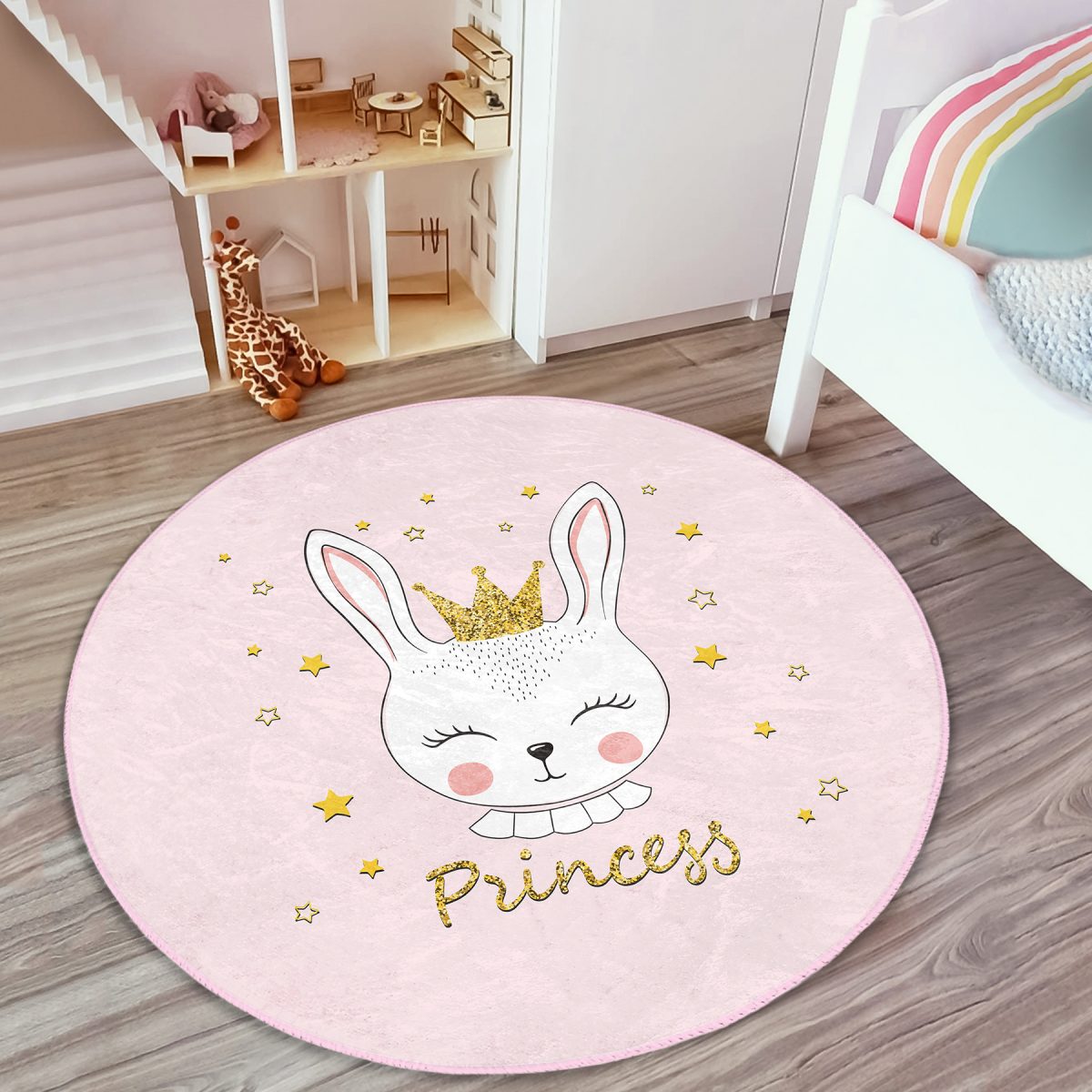 Pembe Zemin Taçlı Kedi Princess Temalı Çocuk & Genç Odası Makinede Yıkanabilir Kaymaz Tabanlı Yuvarlak Çocuk Halısı Realhomes