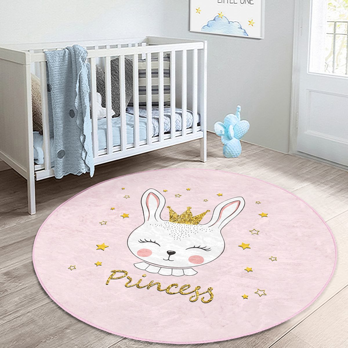 Pembe Zemin Taçlı Kedi Princess Temalı Çocuk & Genç Odası Makinede Yıkanabilir Kaymaz Tabanlı Yuvarlak Çocuk Halısı Realhomes