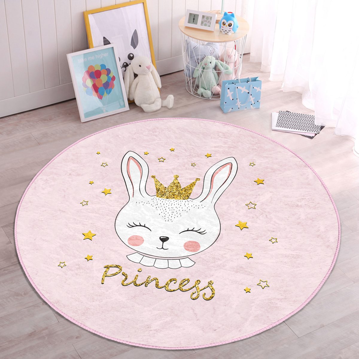 Pembe Zemin Taçlı Kedi Princess Temalı Çocuk & Genç Odası Makinede Yıkanabilir Kaymaz Tabanlı Yuvarlak Çocuk Halısı Realhomes