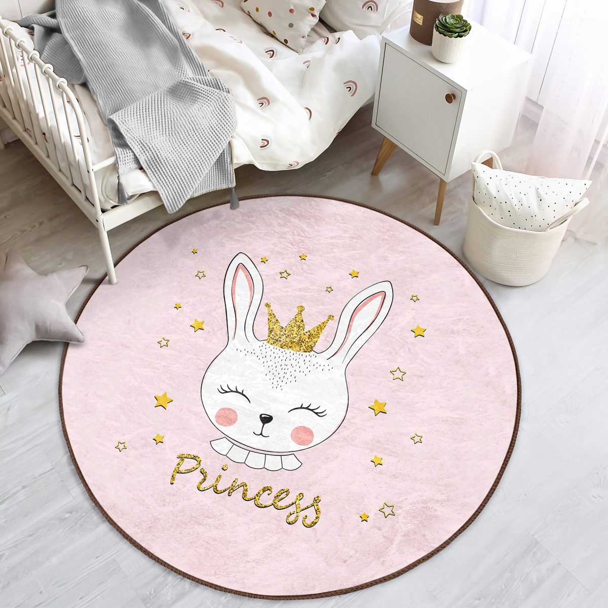 Pembe Zemin Taçlı Kedi Princess Temalı Çocuk & Genç Odası Makinede Yıkanabilir Kaymaz Tabanlı Yuvarlak Çocuk Halısı Realhomes