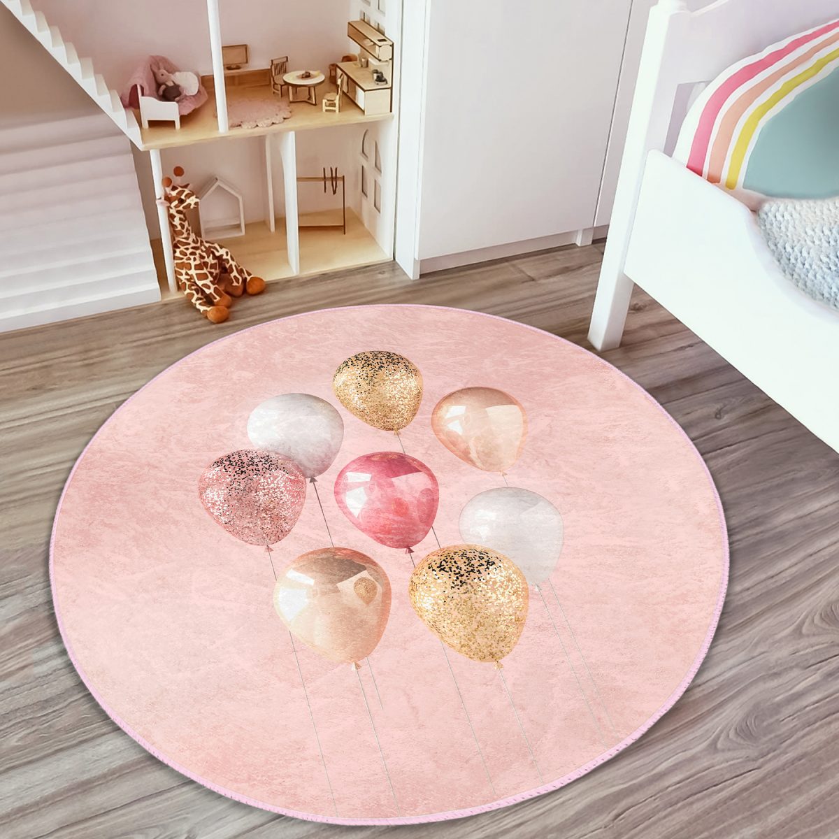 Pembe Zeminli Balonlar Desenli Çocuk & Genç Odası Makinede Yıkanabilir Kaymaz Tabanlı Yuvarlak Çocuk Halısı Realhomes