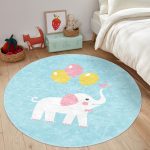 - RealHomes Dijital Baskılı Kaymaz Tabanlı Comfort Çocuk Odası Yuvarlak Halı - Realhomes  Mavi Zeminde Fil Motifli Çocuk & Genç Odası Makinede Yıkanabilir Kaymaz Tabanlı Yuvarlak Çocuk Halısı Realhomes