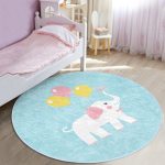 - RealHomes Dijital Baskılı Kaymaz Tabanlı Comfort Çocuk Odası Yuvarlak Halı - Realhomes  Mavi Zeminde Fil Motifli Çocuk & Genç Odası Makinede Yıkanabilir Kaymaz Tabanlı Yuvarlak Çocuk Halısı Realhomes