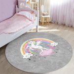 - RealHomes Dijital Baskılı Kaymaz Tabanlı Comfort Çocuk Odası Yuvarlak Halı - Realhomes  Gri Zeminde Unicorn At Ve Kalpler Tasarımlı Çocuk & Genç Odası Makinede Yıkanabilir Kaymaz Tabanlı Yuvarlak Çocuk Halısı Realhomes