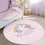 - RealHomes Dijital Baskılı Kaymaz Tabanlı Comfort Çocuk Odası Yuvarlak Halı - Realhomes  Pembe Zeminde Unicorn Desenli Çocuk & Genç Odası Makinede Yıkanabilir Kaymaz Tabanlı Yuvarlak Çocuk Halısı Realhomes