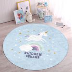 - RealHomes Dijital Baskılı Kaymaz Tabanlı Comfort Çocuk Odası Yuvarlak Halı - Realhomes  Mavi Zeminde Unicorn At Motifli Çocuk & Genç Odası Makinede Yıkanabilir Kaymaz Tabanlı Yuvarlak Çocuk Halısı Realhomes