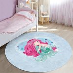 - RealHomes Dijital Baskılı Kaymaz Tabanlı Comfort Çocuk Odası Yuvarlak Halı - Realhomes  Mavi Zeminde Denizkızı Tasarımlı Çocuk & Genç Odası Makinede Yıkanabilir Kaymaz Tabanlı Yuvarlak Çocuk Halısı Realhomes