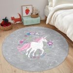 - RealHomes Dijital Baskılı Kaymaz Tabanlı Comfort Çocuk Odası Yuvarlak Halı - Realhomes  Gri Zeminde Unicorn Sevimli At Çocuk & Genç Odası Makinede Yıkanabilir Kaymaz Tabanlı Yuvarlak Çocuk Halısı Realhomes