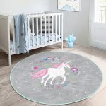 - RealHomes Dijital Baskılı Kaymaz Tabanlı Comfort Çocuk Odası Yuvarlak Halı - Realhomes  Gri Zeminde Unicorn Sevimli At Çocuk & Genç Odası Makinede Yıkanabilir Kaymaz Tabanlı Yuvarlak Çocuk Halısı Realhomes