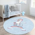 - RealHomes Dijital Baskılı Kaymaz Tabanlı Comfort Çocuk Odası Yuvarlak Halı - Realhomes  Mavi Zeminde Bisiklet Ve Unicorn Tasarımlı Çocuk & Genç Odası Makinede Yıkanabilir Kaymaz Tabanlı Yuvarlak Çocuk Halısı Realhomes