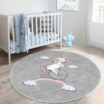 - RealHomes Dijital Baskılı Kaymaz Tabanlı Comfort Çocuk Odası Yuvarlak Halı - Realhomes  Gri Zeminde Bisiklet Ve Unicorn Tasarımlı Çocuk & Genç Odası Makinede Yıkanabilir Kaymaz Tabanlı Yuvarlak Çocuk Halısı Realhomes