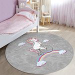 - RealHomes Dijital Baskılı Kaymaz Tabanlı Comfort Çocuk Odası Yuvarlak Halı - Realhomes  Gri Zeminde Bisiklet Ve Unicorn Tasarımlı Çocuk & Genç Odası Makinede Yıkanabilir Kaymaz Tabanlı Yuvarlak Çocuk Halısı Realhomes