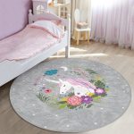 - RealHomes Dijital Baskılı Kaymaz Tabanlı Comfort Çocuk Odası Yuvarlak Halı - Realhomes  Gri Zeminde Unicorn At Desenli Çocuk & Genç Odası Makinede Yıkanabilir Kaymaz Tabanlı Yuvarlak Çocuk Halısı Realhomes