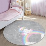 - RealHomes Dijital Baskılı Kaymaz Tabanlı Comfort Çocuk Odası Yuvarlak Halı - Realhomes  Gri Zeminde Unicorn Tasarımlı Çocuk & Genç Odası Makinede Yıkanabilir Kaymaz Tabanlı Yuvarlak Çocuk Halısı Realhomes