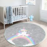 - RealHomes Dijital Baskılı Kaymaz Tabanlı Comfort Çocuk Odası Yuvarlak Halı - Realhomes  Gri Zeminde Unicorn Tasarımlı Çocuk & Genç Odası Makinede Yıkanabilir Kaymaz Tabanlı Yuvarlak Çocuk Halısı Realhomes