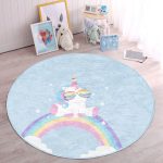 - RealHomes Dijital Baskılı Kaymaz Tabanlı Comfort Çocuk Odası Yuvarlak Halı - Realhomes  Mavi Zeminde Unicorn Tasarımlı Çocuk & Genç Odası Makinede Yıkanabilir Kaymaz Tabanlı Yuvarlak Çocuk Halısı Realhomes