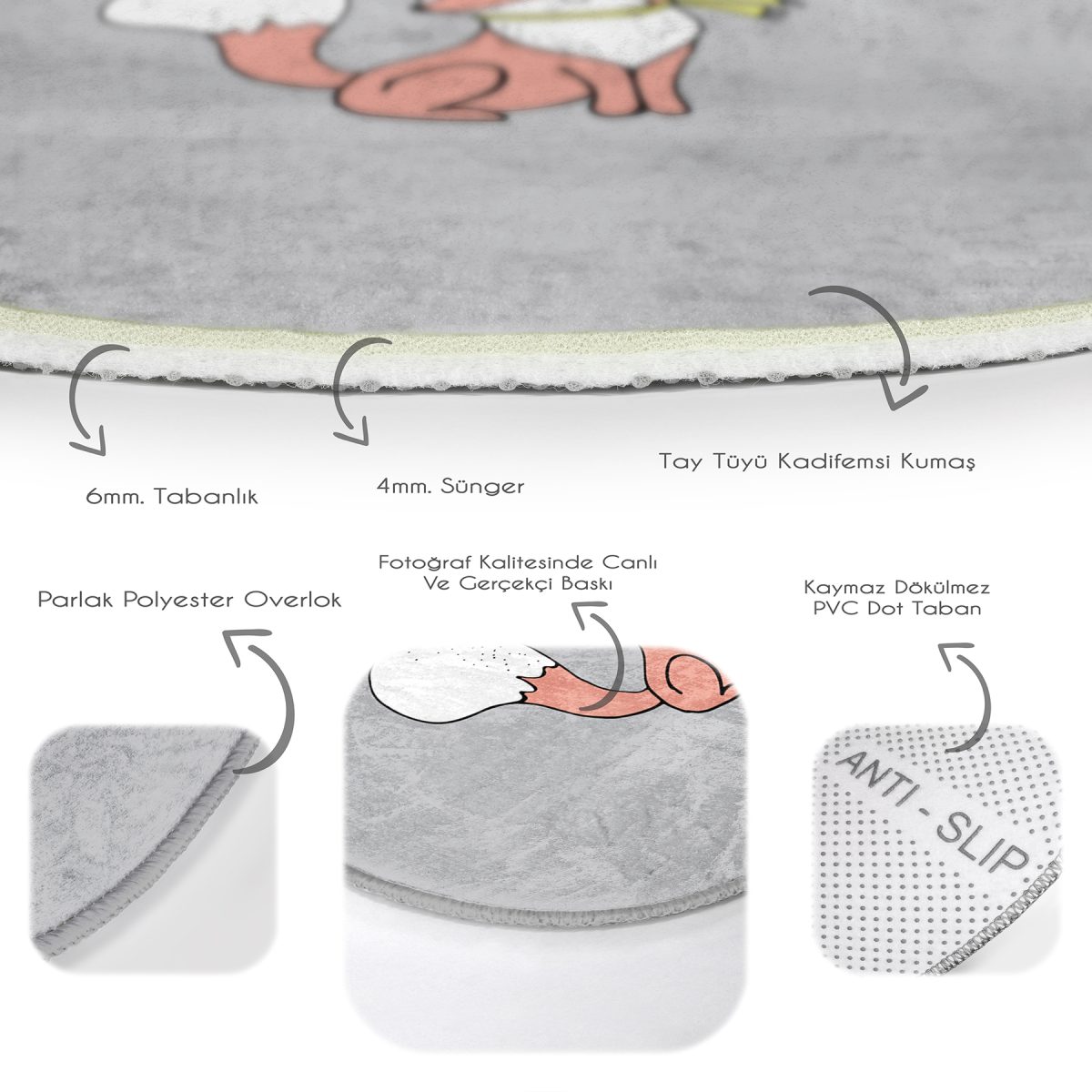 Gri Zeminde Sevimli Tilki Desenli Çocuk & Genç Odası Makinede Yıkanabilir Kaymaz Tabanlı Yuvarlak Çocuk Halısı Realhomes