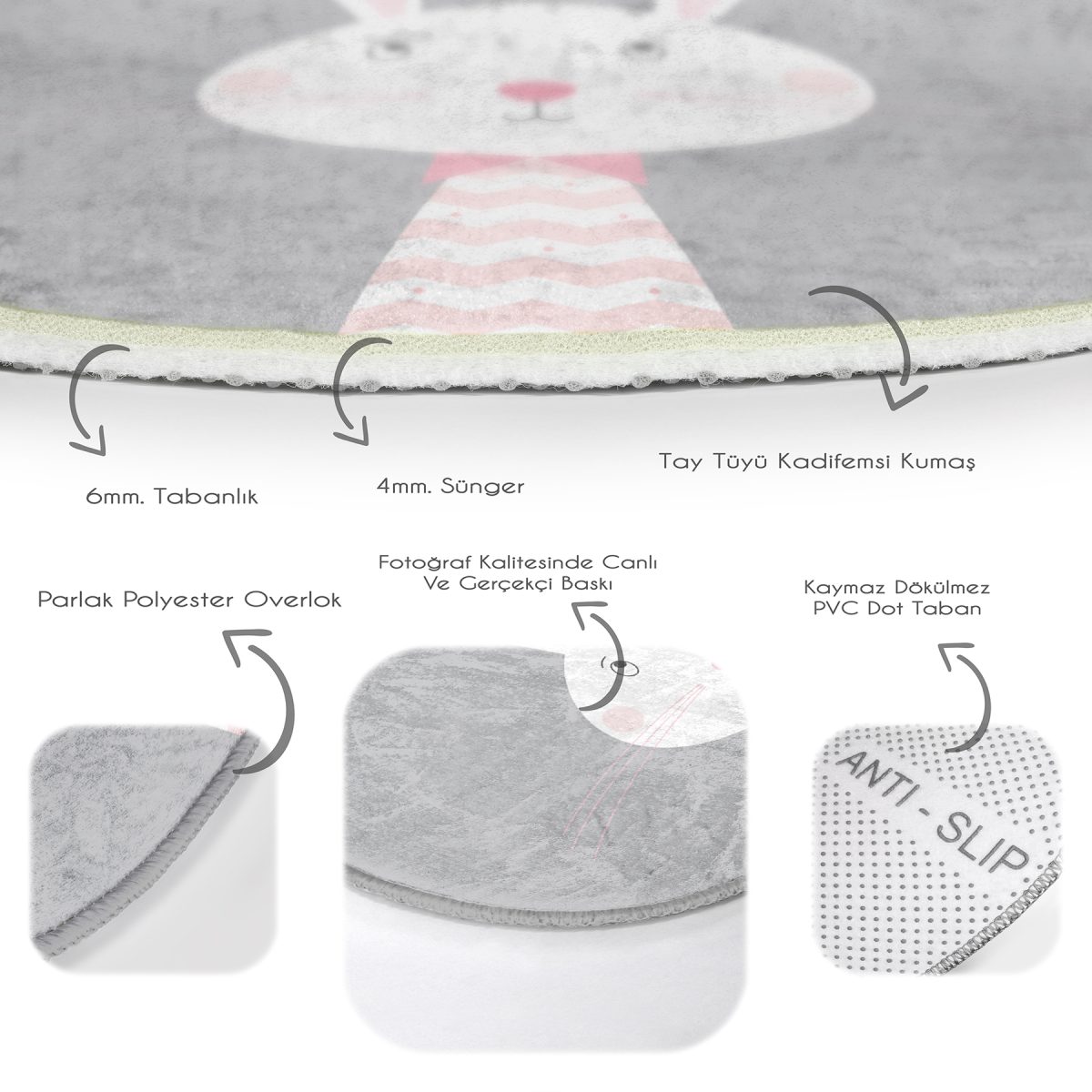 Gri Zemin Sevimli Tavşan Ve Leylek Desenli Çocuk & Genç Odası Makinede Yıkanabilir Kaymaz Tabanlı Yuvarlak Çocuk Halısı Realhomes