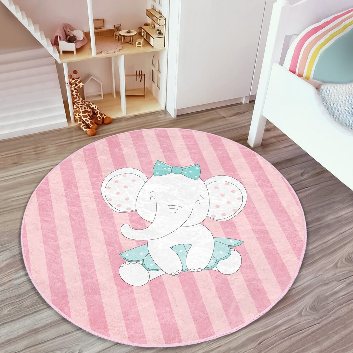 Pembe Çizgili Fil Motifli Çocuk & Genç Odası Makinede Yıkanabilir Kaymaz Tabanlı Yuvarlak Çocuk Halısı Realhomes