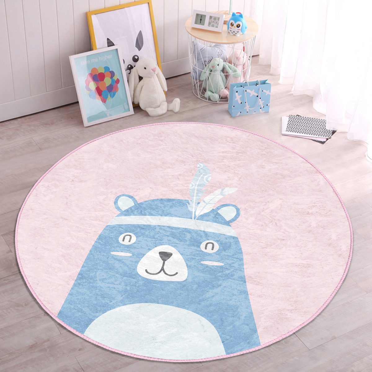 Pembe Zemin Baby Shower Yazılı Ayıcık Desenli Çocuk & Genç Odası Makinede Yıkanabilir Kaymaz Tabanlı Yuvarlak Çocuk Halısı Realhomes