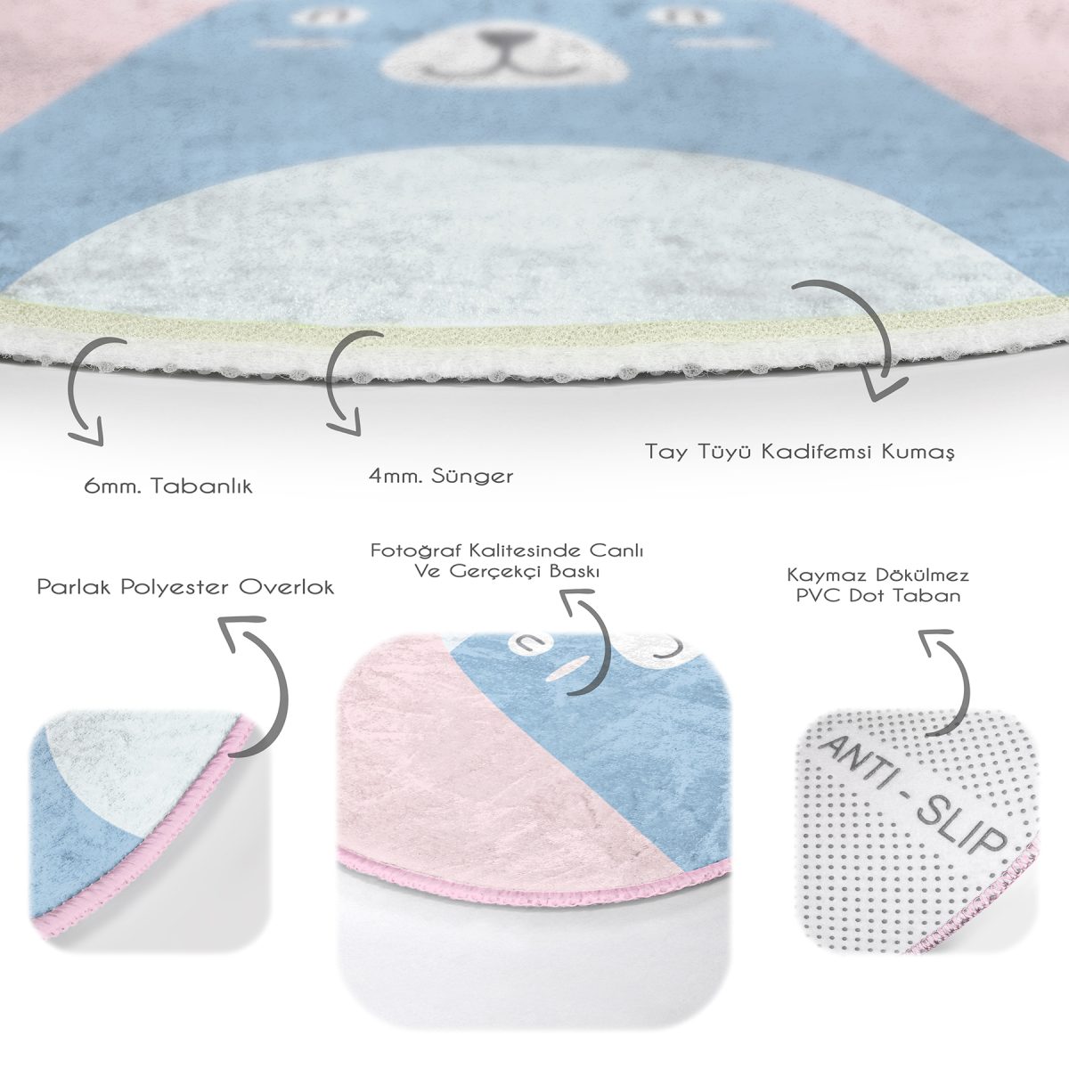 Pembe Zemin Baby Shower Yazılı Ayıcık Desenli Çocuk & Genç Odası Makinede Yıkanabilir Kaymaz Tabanlı Yuvarlak Çocuk Halısı Realhomes