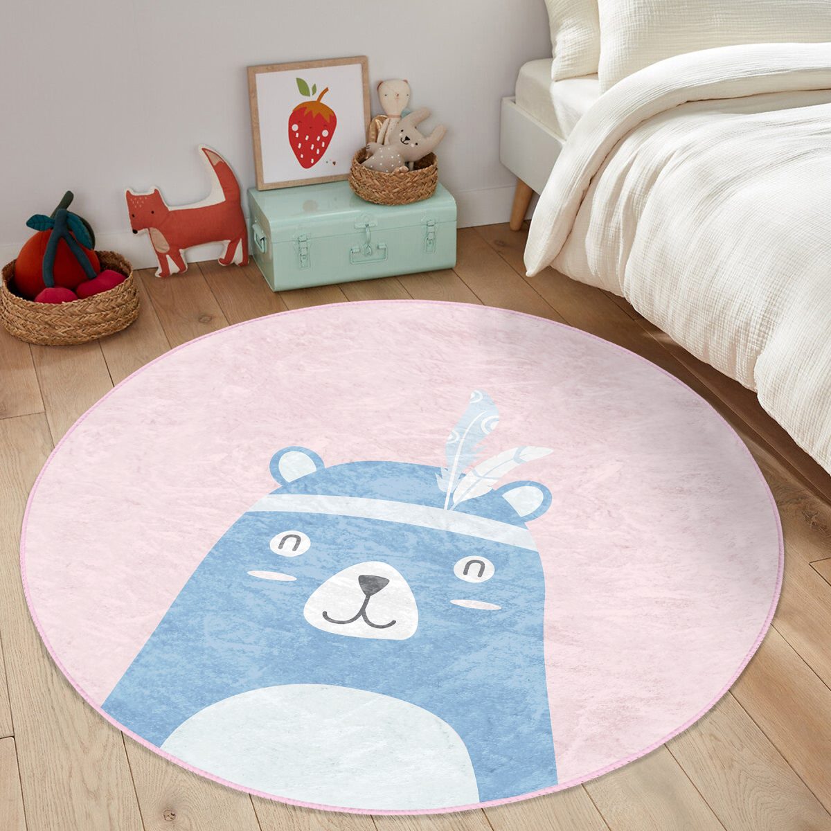 Pembe Zemin Baby Shower Yazılı Ayıcık Desenli Çocuk & Genç Odası Makinede Yıkanabilir Kaymaz Tabanlı Yuvarlak Çocuk Halısı Realhomes