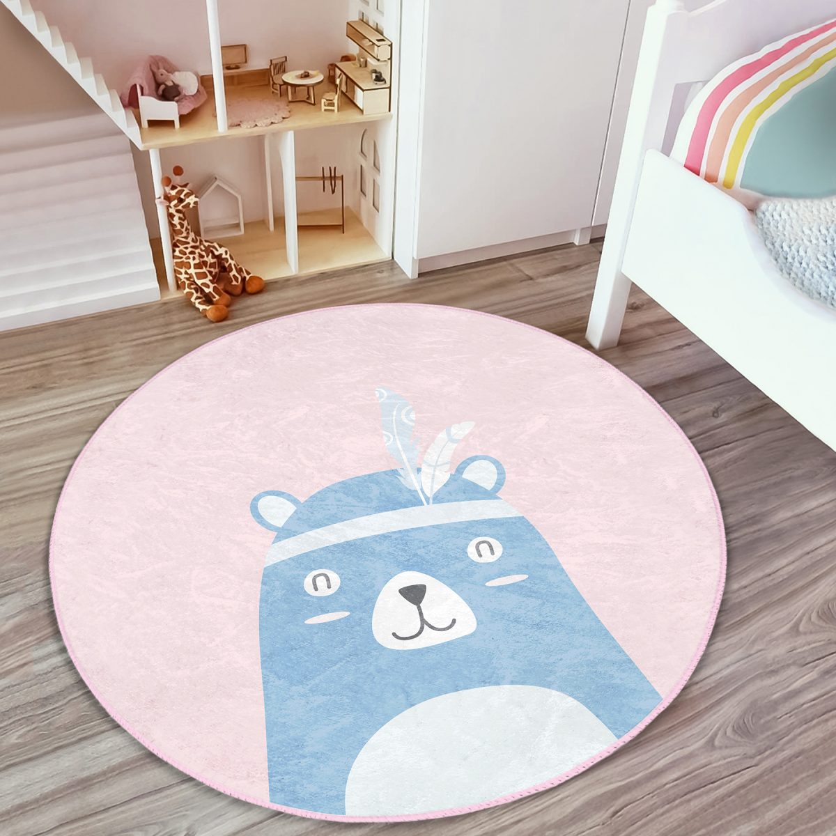 Pembe Zemin Baby Shower Yazılı Ayıcık Desenli Çocuk & Genç Odası Makinede Yıkanabilir Kaymaz Tabanlı Yuvarlak Çocuk Halısı Realhomes