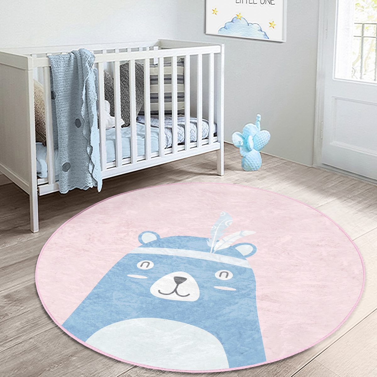 Pembe Zemin Baby Shower Yazılı Ayıcık Desenli Çocuk & Genç Odası Makinede Yıkanabilir Kaymaz Tabanlı Yuvarlak Çocuk Halısı Realhomes