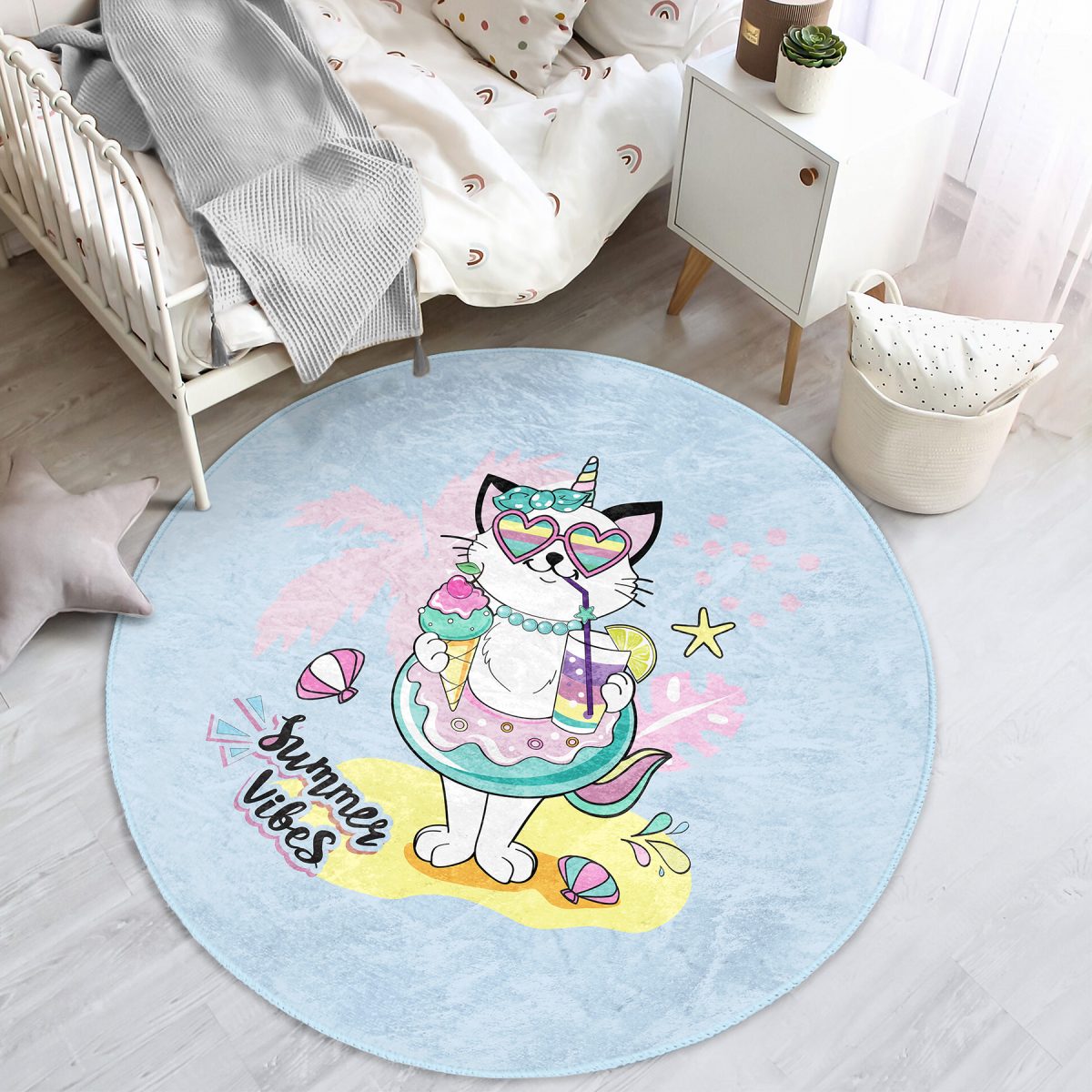 Yaz Temalı Unicorn Kedi Tasarımlı Çocuk & Genç Odası Makinede Yıkanabilir Kaymaz Tabanlı Yuvarlak Çocuk Halısı Realhomes