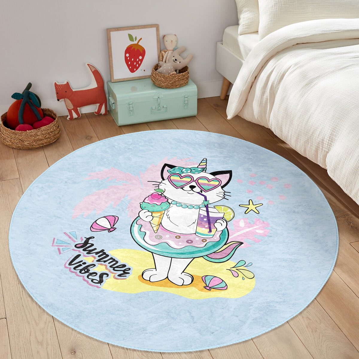 Yaz Temalı Unicorn Kedi Tasarımlı Çocuk & Genç Odası Makinede Yıkanabilir Kaymaz Tabanlı Yuvarlak Çocuk Halısı Realhomes