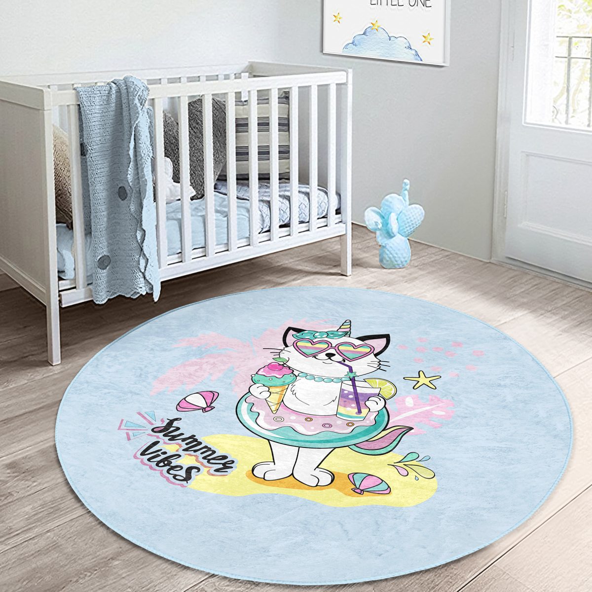 Yaz Temalı Unicorn Kedi Tasarımlı Çocuk & Genç Odası Makinede Yıkanabilir Kaymaz Tabanlı Yuvarlak Çocuk Halısı Realhomes