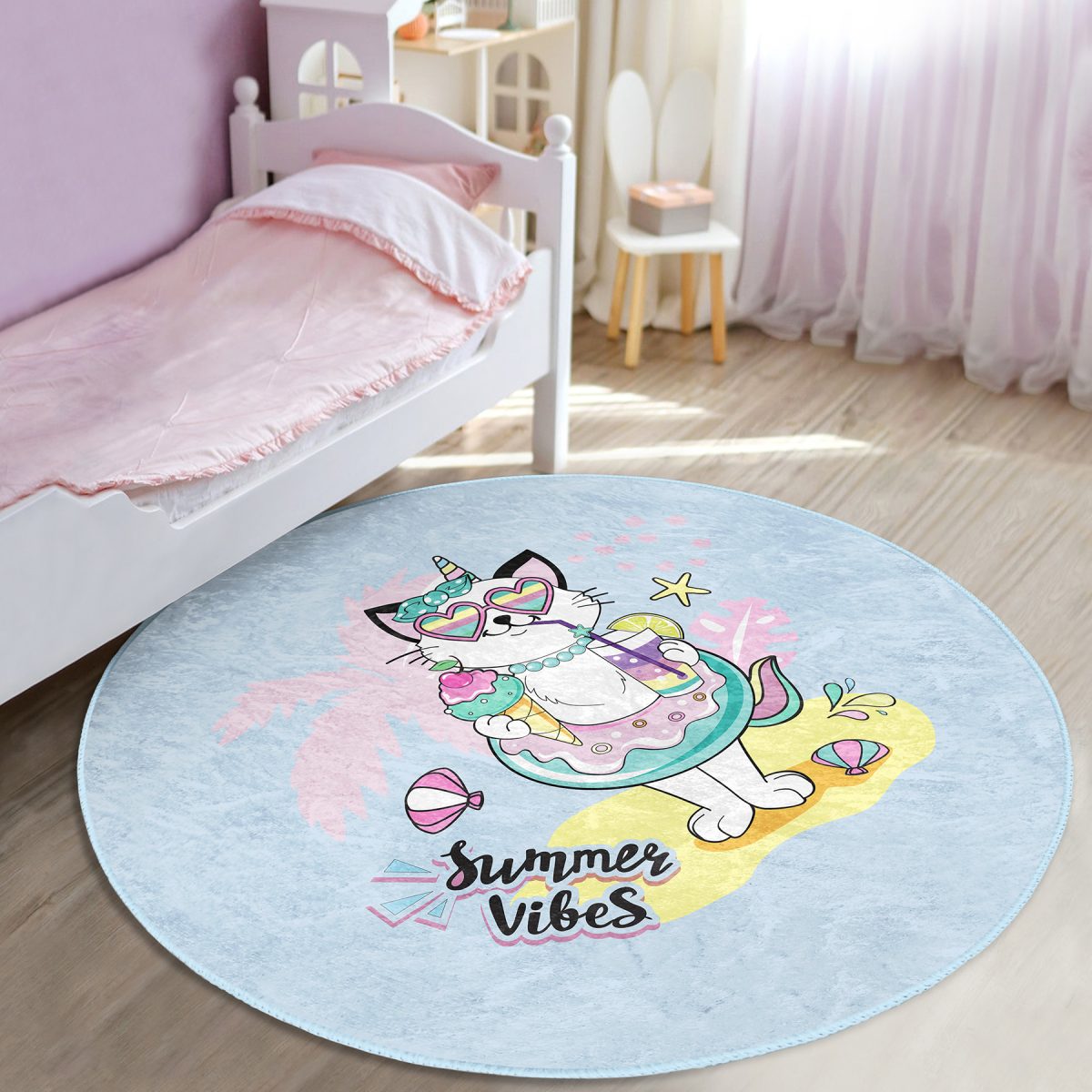 Yaz Temalı Unicorn Kedi Tasarımlı Çocuk & Genç Odası Makinede Yıkanabilir Kaymaz Tabanlı Yuvarlak Çocuk Halısı Realhomes