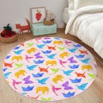 Pembe Zeminli Origami Sanatı Çocuk & Genç Odası Makinede Yıkanabilir Kaymaz Tabanlı Yuvarlak Çocuk Halısı Realhomes