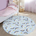 - RealHomes Dijital Baskılı Kaymaz Tabanlı Comfort Çocuk Odası Yuvarlak Halı - Realhomes  Mavi Zeminde Gökkuşağı Çocuk & Genç Odası Makinede Yıkanabilir Kaymaz Tabanlı Yuvarlak Çocuk Halısı Realhomes